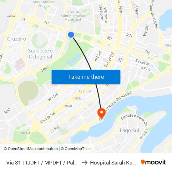 Via S1 | TJDFT / MPDFT / Palácio do Buriti to Hospital Sarah Kubitscheck map