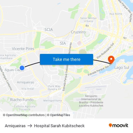 Arniqueiras to Hospital Sarah Kubitscheck map