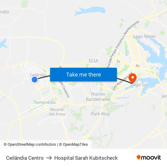 Ceilândia Centro to Hospital Sarah Kubitscheck map