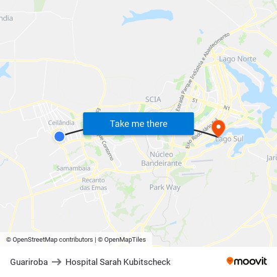 Guariroba to Hospital Sarah Kubitscheck map