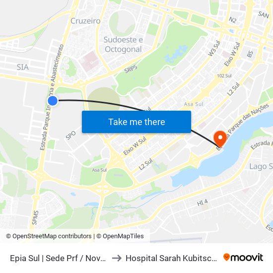 EPIA | Polícia Rodoviária Federal / NOVACAP to Hospital Sarah Kubitscheck map