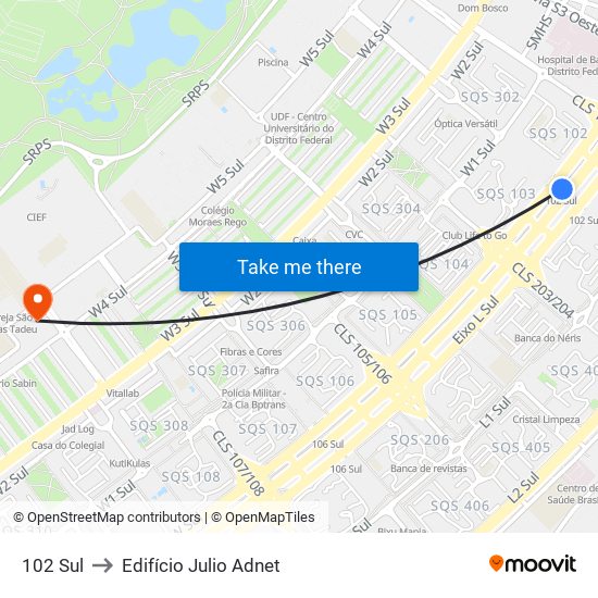 102 Sul to Edifício Julio Adnet map