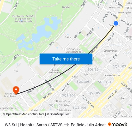W3 Sul | Hospital Sarah / SRTVS to Edifício Julio Adnet map