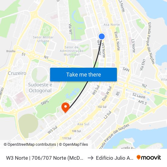 W3 Norte | 706/707 Norte (McDonald's) to Edifício Julio Adnet map