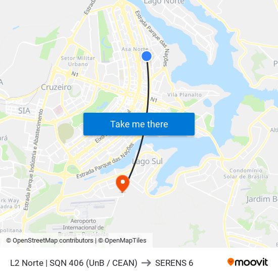 L2 Norte | SQN 406 (UnB / CEAN) to SERENS 6 map