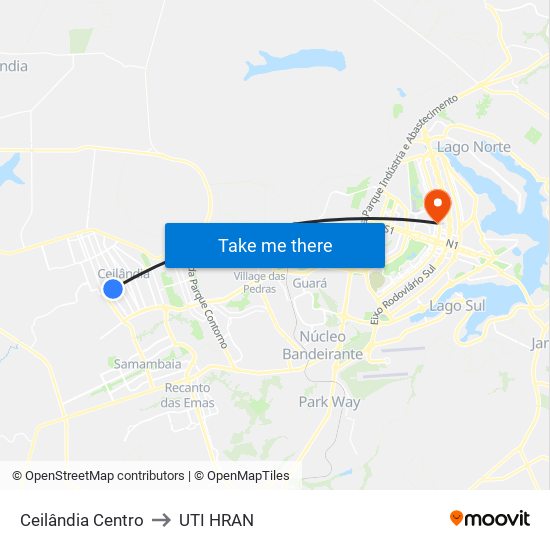 Ceilândia Centro to UTI HRAN map