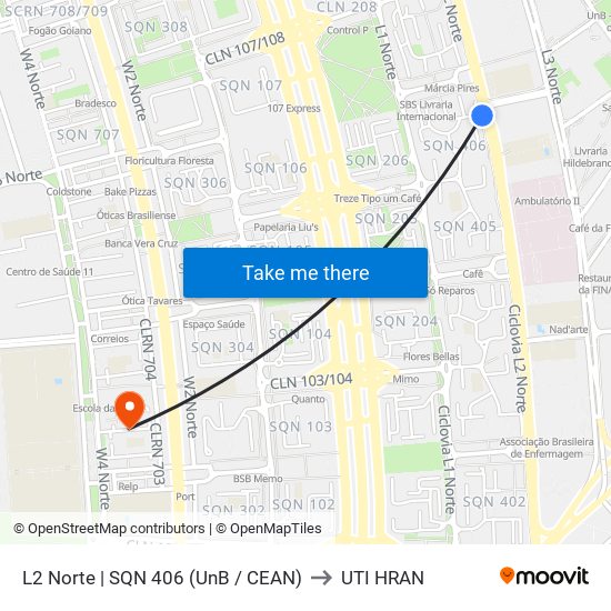 L2 Norte | SQN 406 (UnB / CEAN) to UTI HRAN map