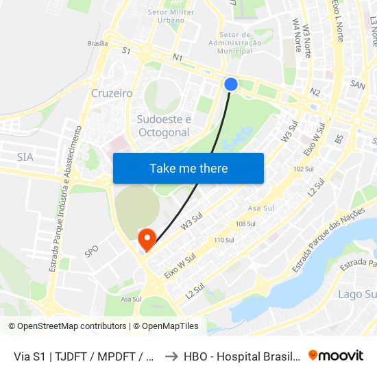 Via S1 | TJDFT / MPDFT / Palácio do Buriti to HBO - Hospital Brasileiro De Olhos map