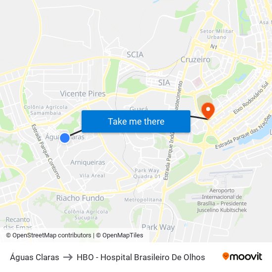 Águas Claras to HBO - Hospital Brasileiro De Olhos map