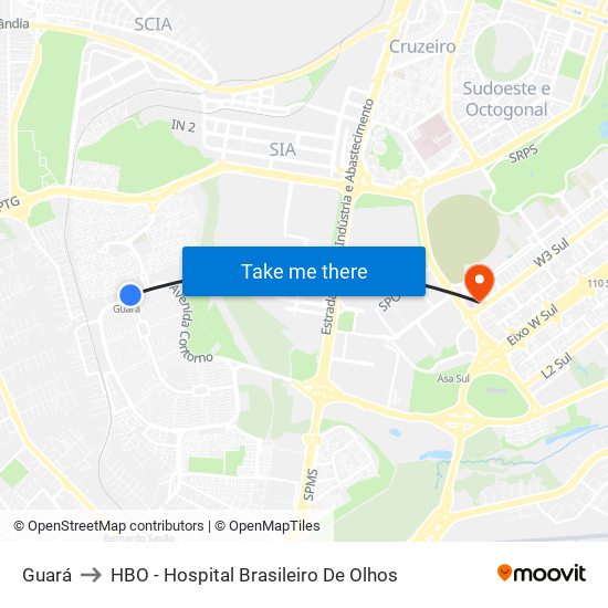 Guará to HBO - Hospital Brasileiro De Olhos map