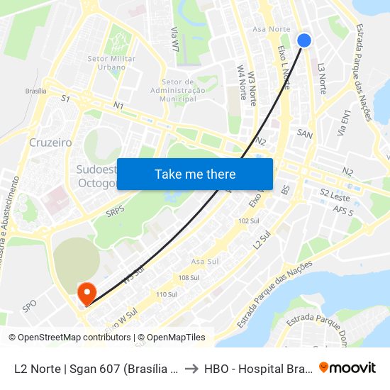 L2 Norte | SGAN 607 (CRE Plano Piloto) to HBO - Hospital Brasileiro De Olhos map