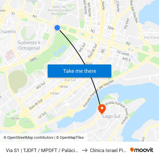 Via S1 | TJDFT / MPDFT / Palácio do Buriti to Clínica Israel Pinheiro map