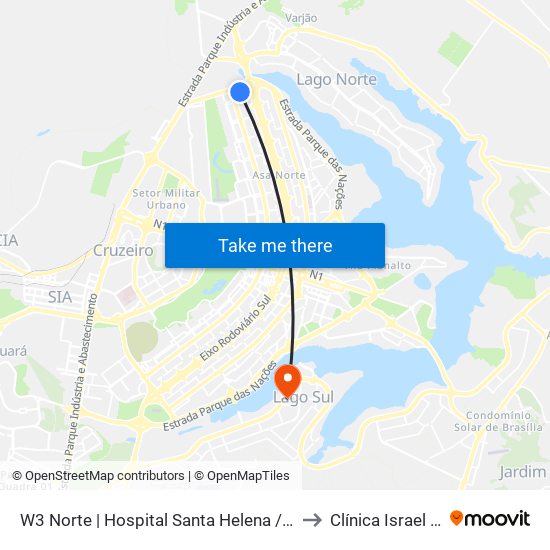 W3 Norte | Hospital Santa Helena / Santa Lúcia Norte to Clínica Israel Pinheiro map