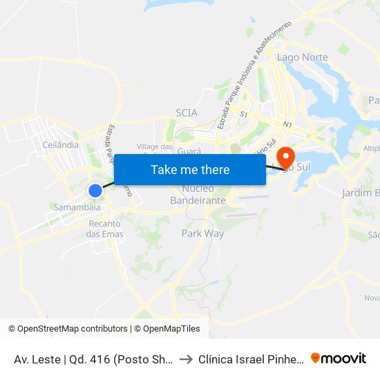 Av. Leste | Qd. 416 (Posto Shell) to Clínica Israel Pinheiro map