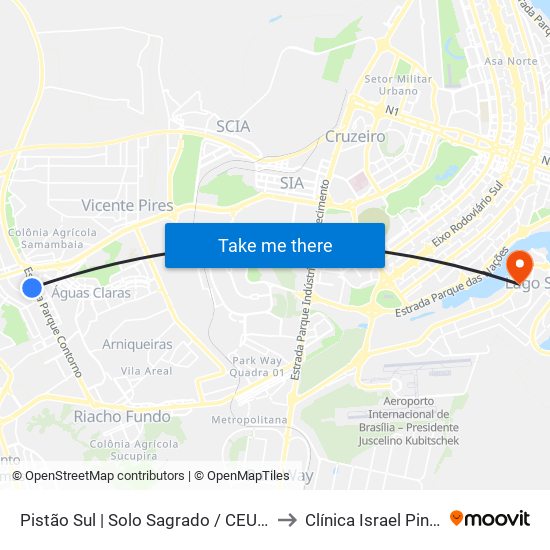 Pistão Sul | Solo Sagrado / Ceub to Clínica Israel Pinheiro map