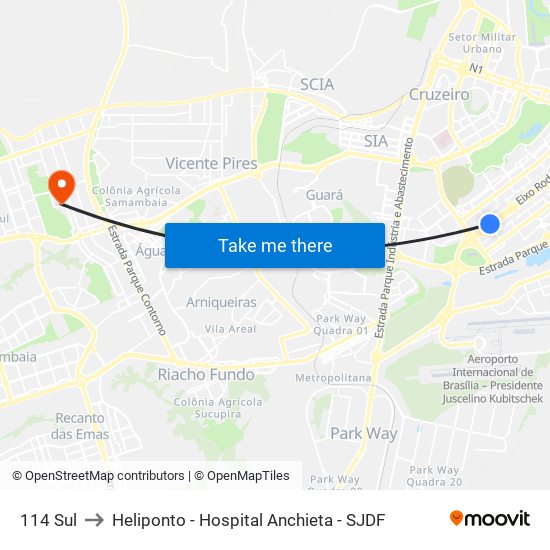 114 Sul to Heliponto - Hospital Anchieta - SJDF map