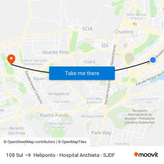 108 Sul to Heliponto - Hospital Anchieta - SJDF map