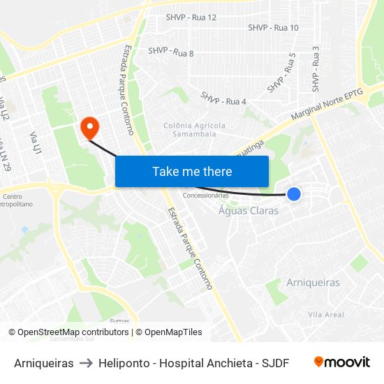 Arniqueiras to Heliponto - Hospital Anchieta - SJDF map