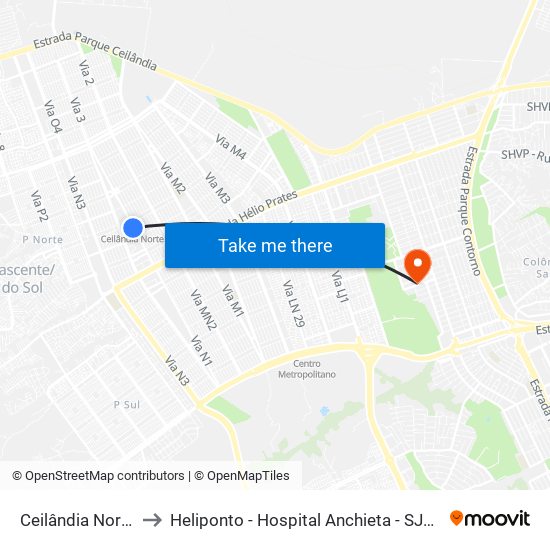 Ceilândia Norte to Heliponto - Hospital Anchieta - SJDF map