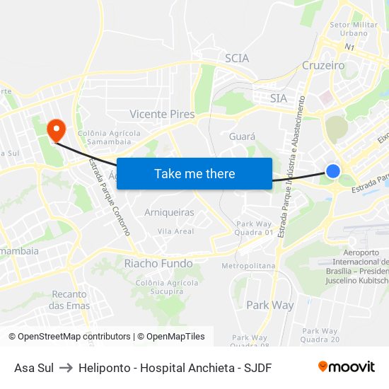 Asa Sul to Heliponto - Hospital Anchieta - SJDF map