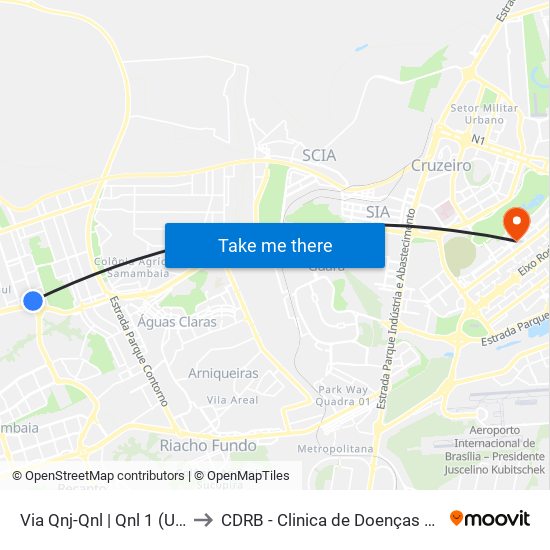Via Qnj-Qnl | Qnl 1 (Ubs 3 / Ced 6) to CDRB - Clinica de Doenças Renais de Brasília map