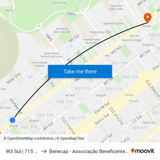 W3 Sul | 715 Sul (SICOOB) to Benecap - Associação Beneficente da Capital Federal do Brasil map
