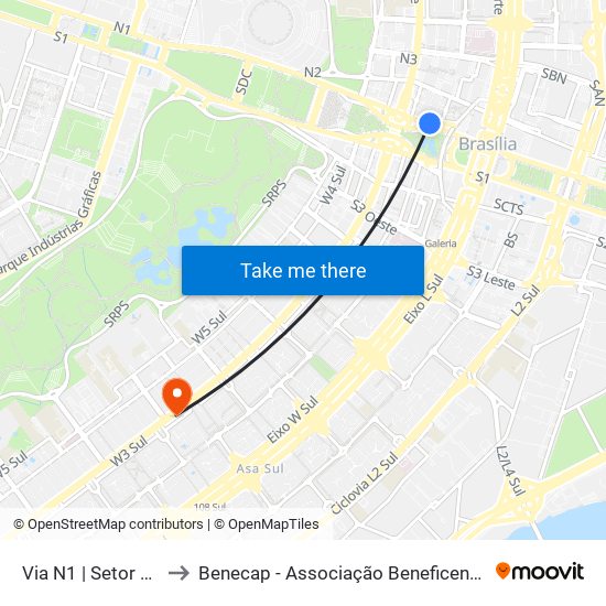 Via N1 | Setor Hoteleiro Norte to Benecap - Associação Beneficente da Capital Federal do Brasil map