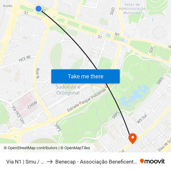 Via N1 | Smu / Cruzeiro Velho to Benecap - Associação Beneficente da Capital Federal do Brasil map