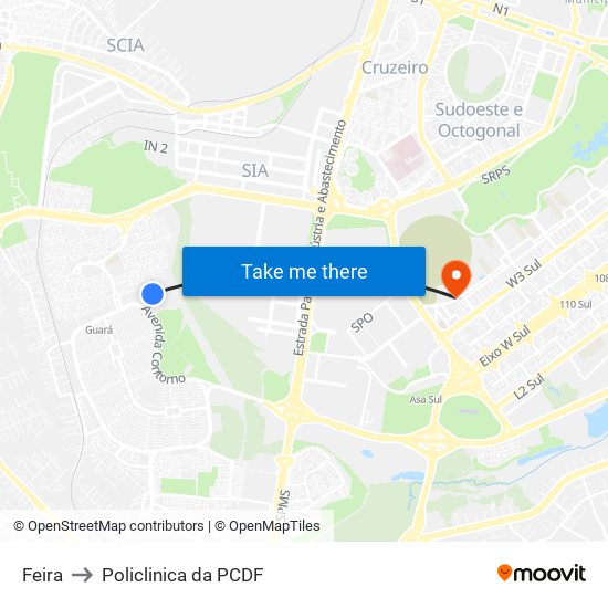 Feira to Policlinica da PCDF map