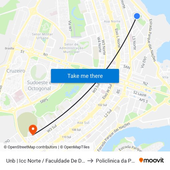 UnB | ICC Norte / Faculdade de Direito to Policlinica da PCDF map