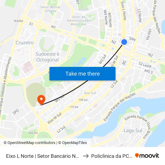 Eixo L Norte | Setor Bancário Norte to Policlinica da PCDF map