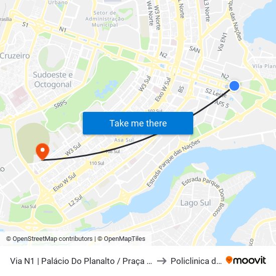Via N1 | Palácio do Planalto / Praça dos Três Poderes to Policlinica da PCDF map