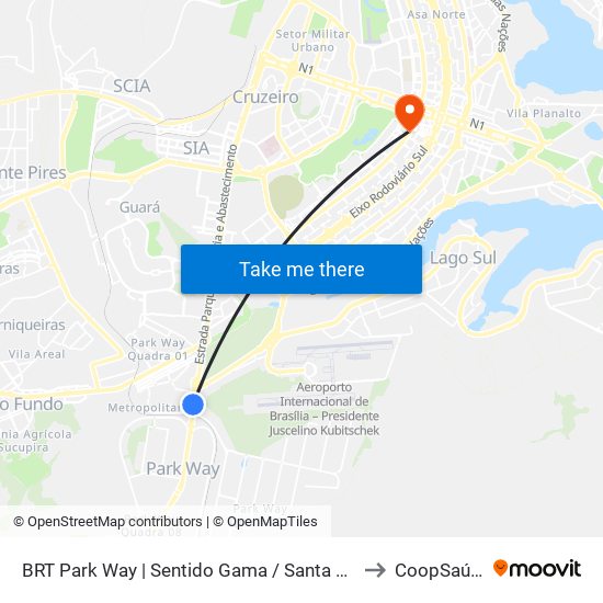 BRT Park Way | Sentido Gama / Santa Maria to CoopSaúde map