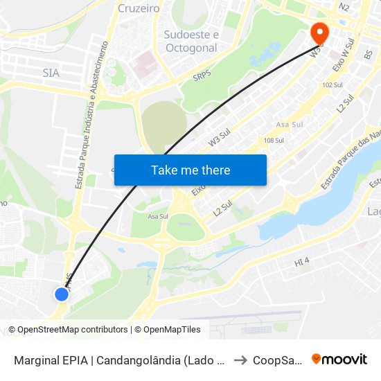 Marginal EPIA | Candangolândia «OPOSTO» to CoopSaúde map