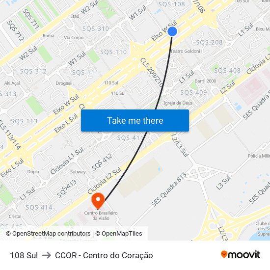 108 Sul to CCOR - Centro do Coração map