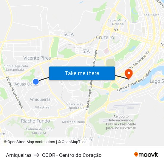 Arniqueiras to CCOR - Centro do Coração map