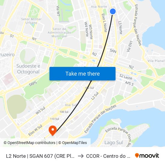 L2 Norte | SGAN 607 (CRE Plano Piloto) to CCOR - Centro do Coração map