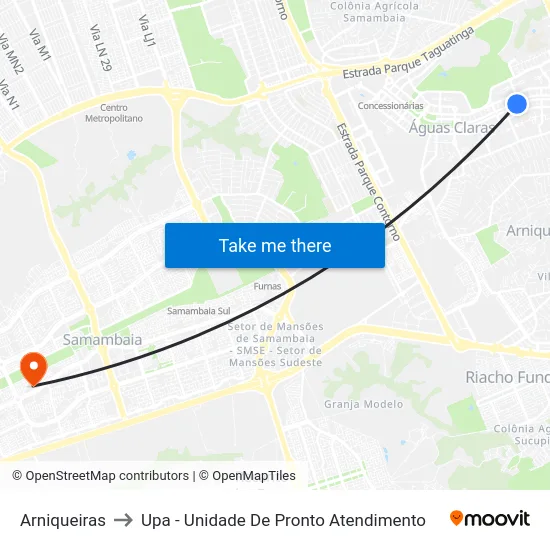 Arniqueiras to Upa - Unidade De Pronto Atendimento map