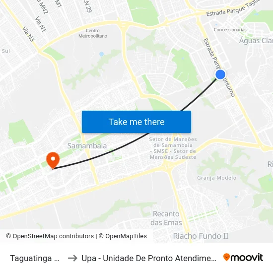 Taguatinga Sul to Upa - Unidade De Pronto Atendimento map