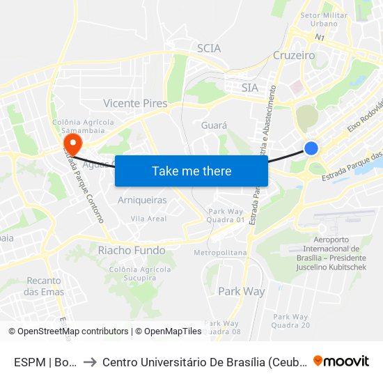 ESPM | Bombeiros to Centro Universitário De Brasília (Ceub) - Campus Taguatinga map
