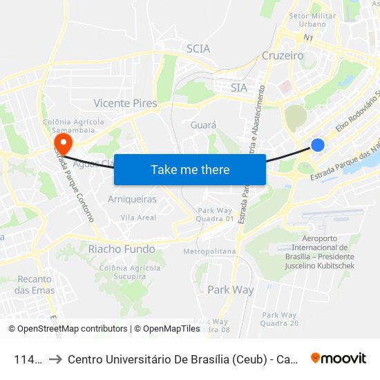 114 Sul to Centro Universitário De Brasília (Ceub) - Campus Taguatinga map
