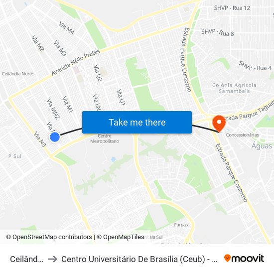 Ceilândia Sul to Centro Universitário De Brasília (Ceub) - Campus Taguatinga map