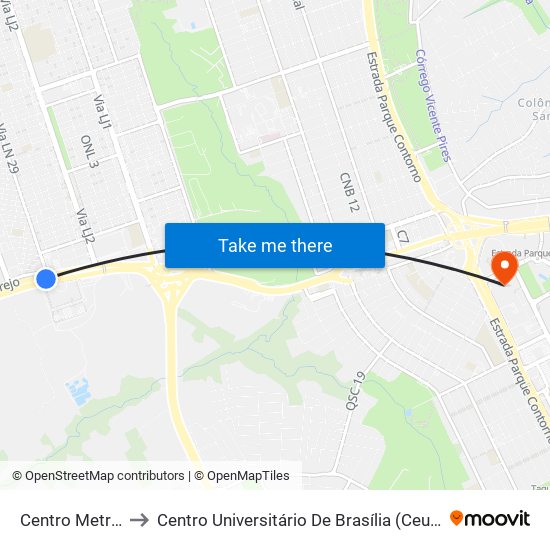 Centro Metropolitano to Centro Universitário De Brasília (Ceub) - Campus Taguatinga map