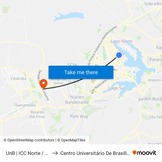 UnB | ICC Norte / Faculdade de Direito to Centro Universitário De Brasília (Ceub) - Campus Taguatinga map