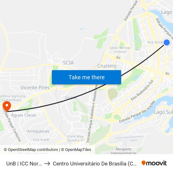 UnB | ICC Norte / FT / RU to Centro Universitário De Brasília (Ceub) - Campus Taguatinga map