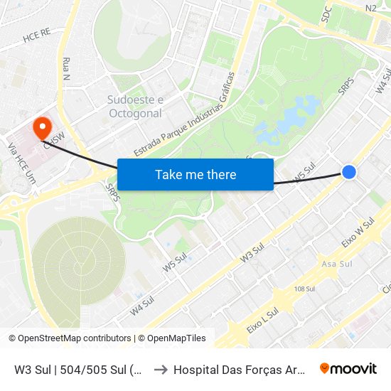 W3 Sul | 504/505 Sul (SESC) to Hospital Das Forças Armadas map