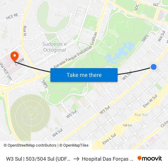 W3 Sul | 503/504 Sul (UDF / Big Box) to Hospital Das Forças Armadas map