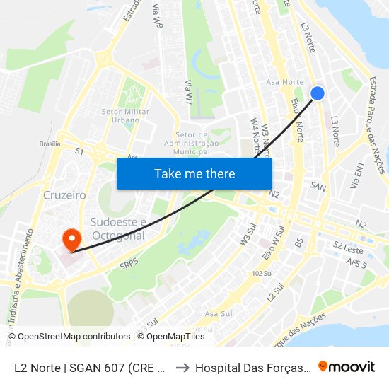 L2 Norte | SGAN 607 (CRE Plano Piloto) to Hospital Das Forças Armadas map