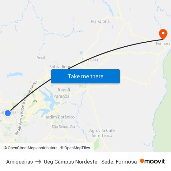 Arniqueiras to Ueg Câmpus Nordeste - Sede: Formosa map