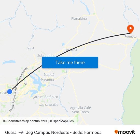 Guará to Ueg Câmpus Nordeste - Sede: Formosa map